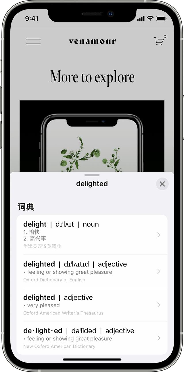 iPhone 用户使用“实况文本”识别出照片中的“delighted”一词，然后在词典中查询这个单词