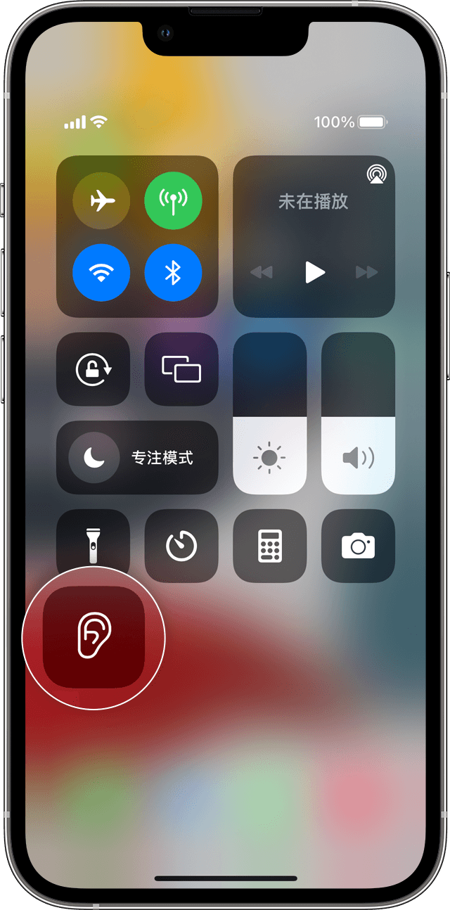 显示了“听觉”按钮的 iOS“控制中心”