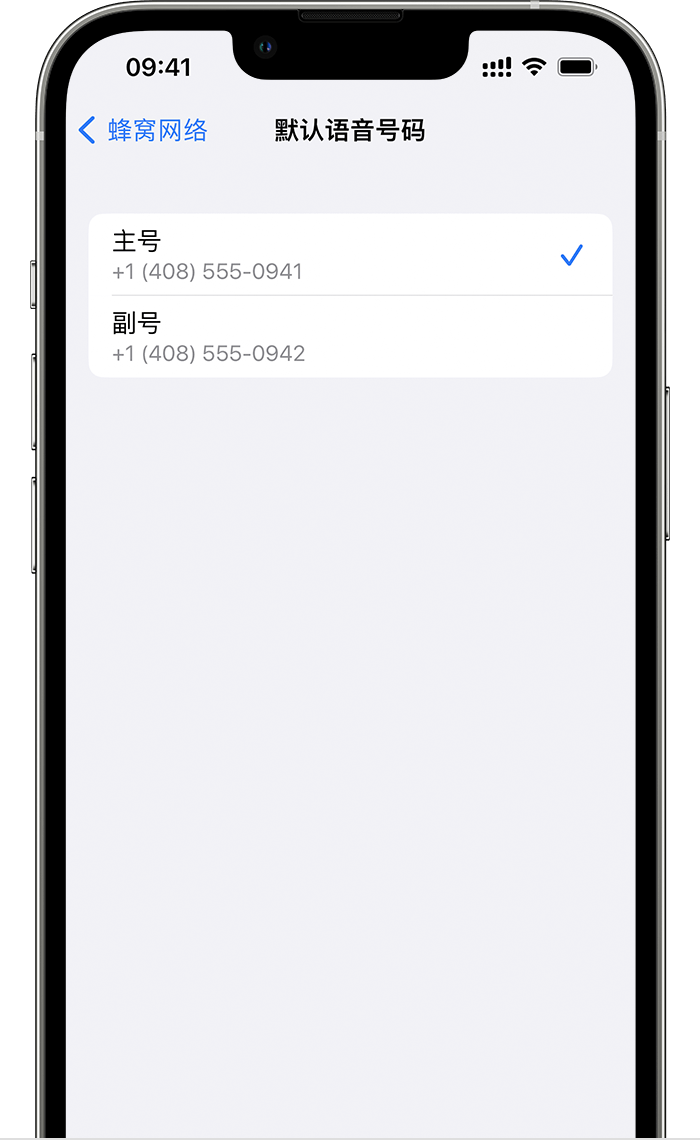iPhone 屏幕显示了被选为首选“默认语音号码”的电话号码