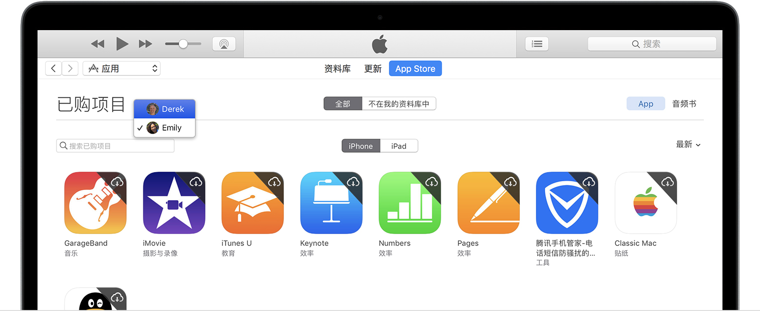 通过家人共享共享 iTunes、iBooks 和 App S