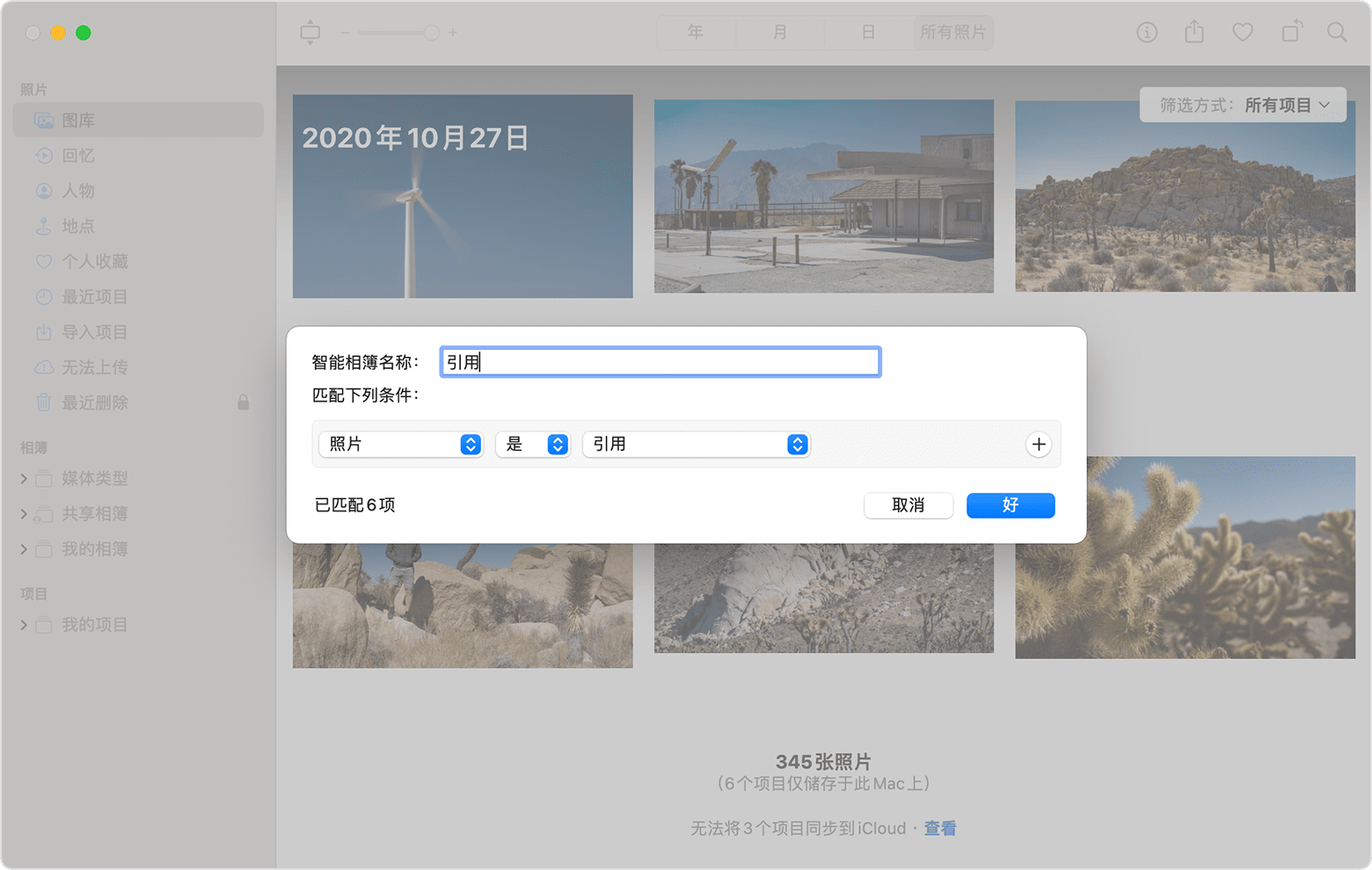 “新建智能相簿”对话框显示了智能相簿命名为“引用”，并将条件设置为“照片是引用”。