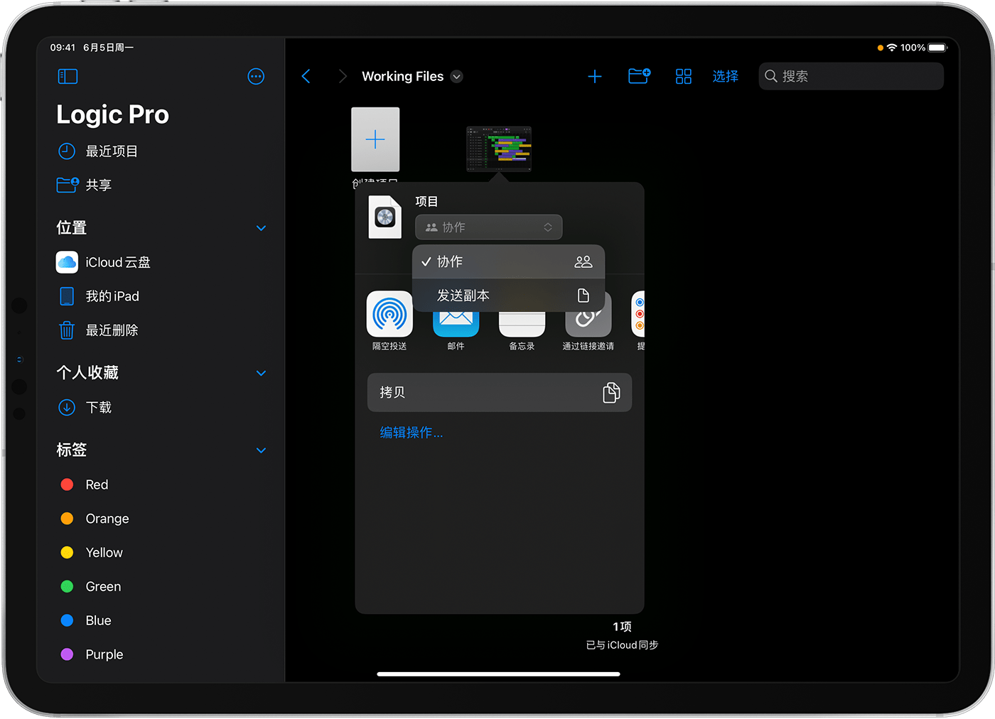 默认“iPad 版 Logic Pro”文件夹，其中的“共享”窗口显示从弹出式菜单中选择了“协作”