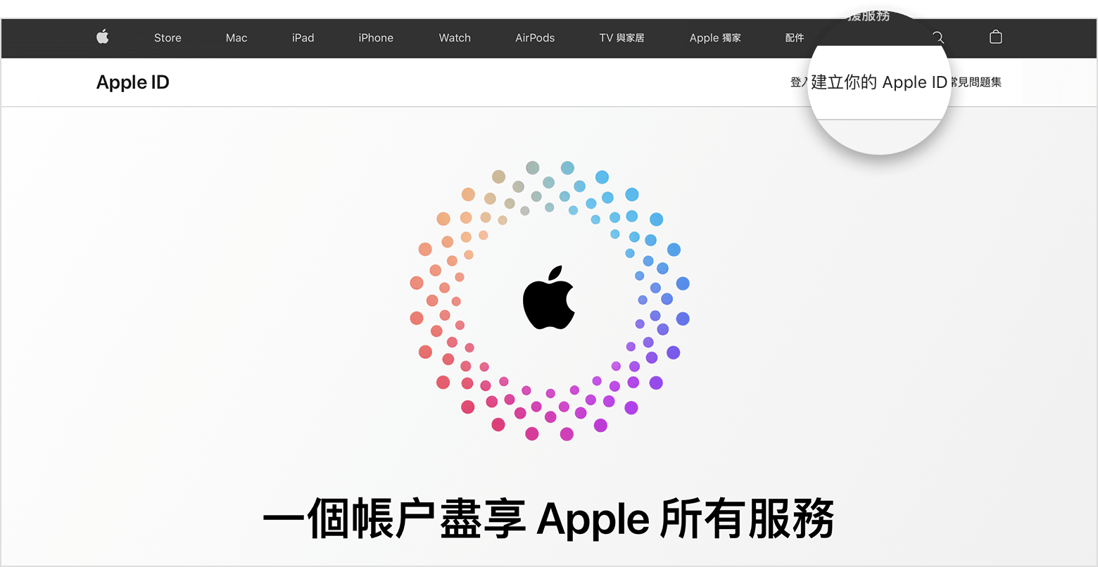 appleid.apple.com 螢幕截圖，畫面中央有 Apple 標誌，四周有彩色同心圓。