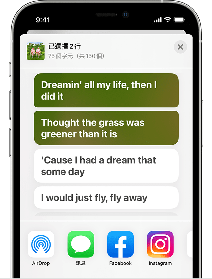 iPhone 正在顯示分享頁，當中已選取兩句歌詞。