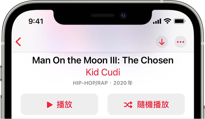 iPhone 顯示專輯頂部的「隨機播放」按鈕。