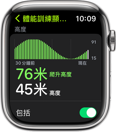 Apple Watch 顯示跑步時的「高度」測量指標。