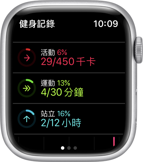 Apple Watch 錶面正顯示健身記錄圓圈的進度