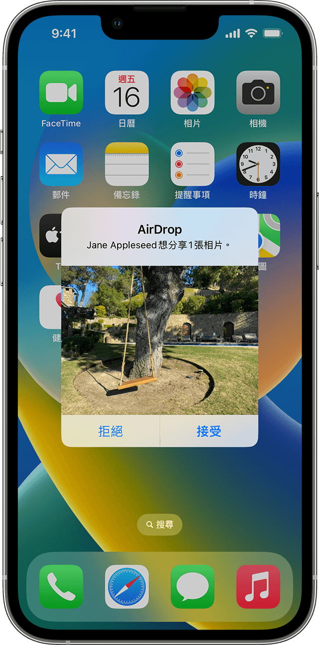 iPhone 正在顯示透過 AirDrop 收到的樹上韆鞦相片，並有拒絕或接受的選項。