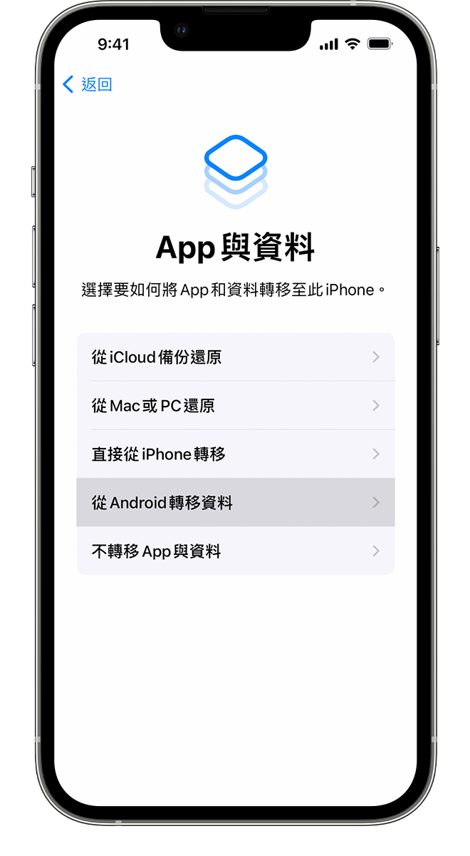 新 iPhone 正在顯示「App 與資料」畫面。你可在此選擇如何轉移資料。選擇了「從 Android 轉移資料」選項。
