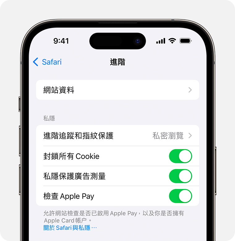 iPhone 的進階 Safari 設定畫面。「封鎖所有 Cookie」開關位於「進階追蹤和指紋保護」設定下方。