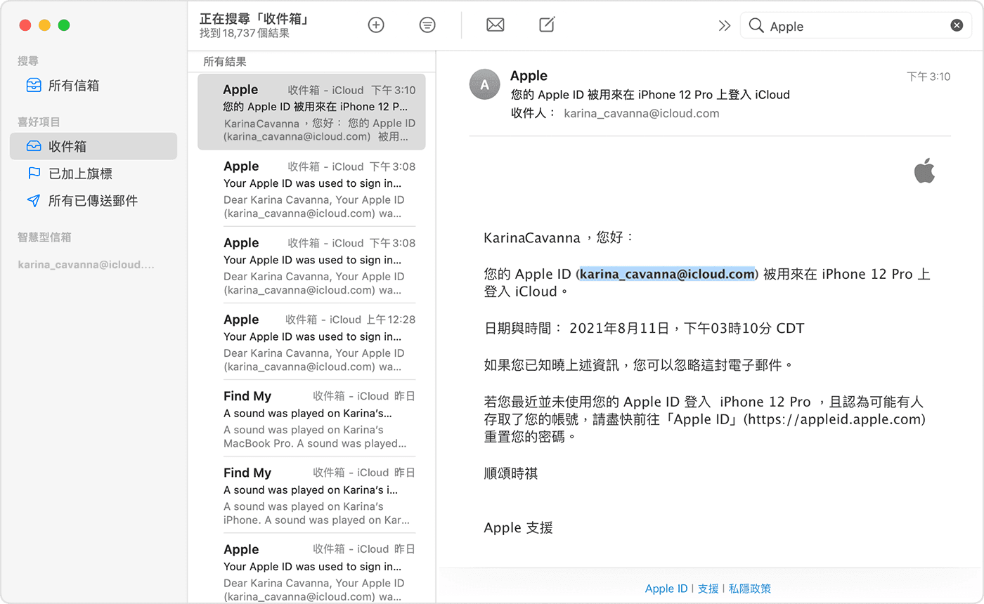 在來自 Apple 的一些電郵中可能包含你的 Apple ID。在此處置在括號中重點標示。
