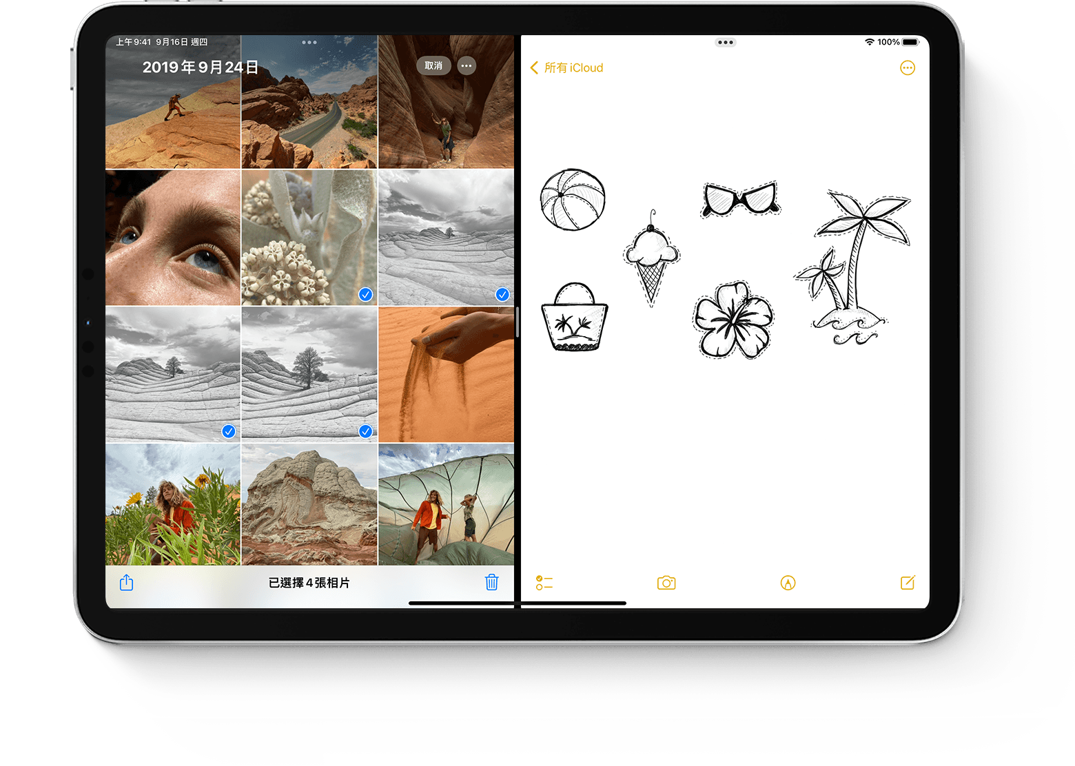 iPad 畫面正在顯示「分割顯示」中的兩個 app