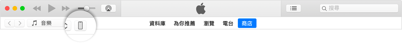 iTunes 視窗左上角的裝置圖示。