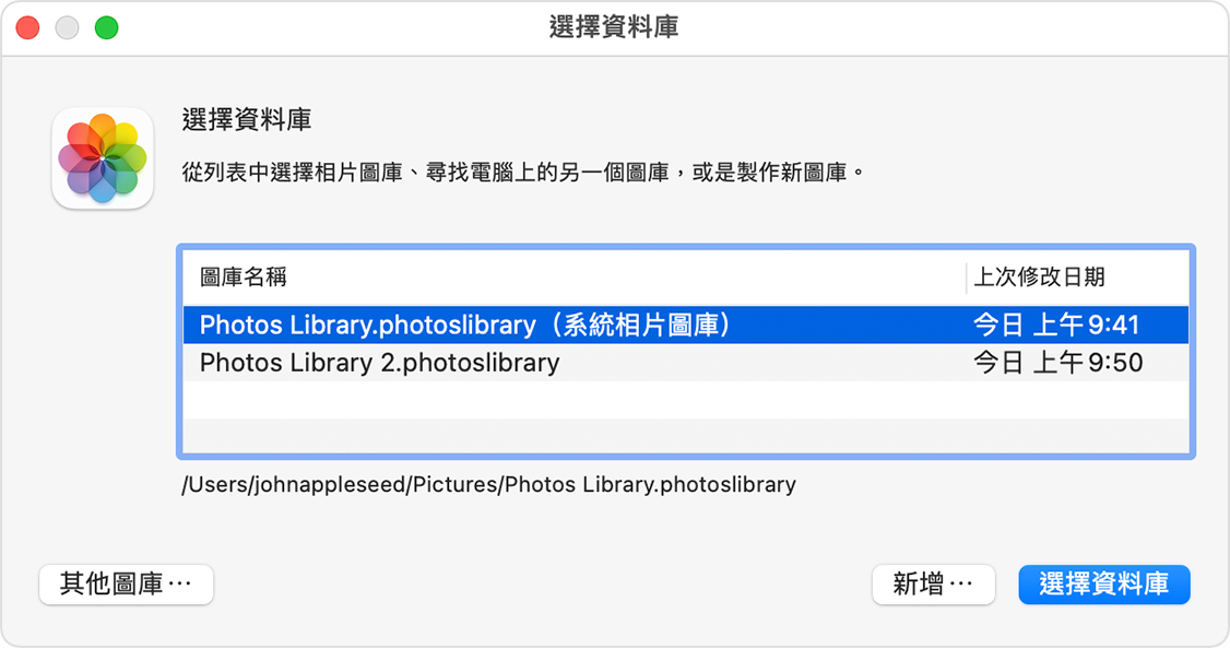 macOS「相片」app 中的「選擇圖庫」視窗