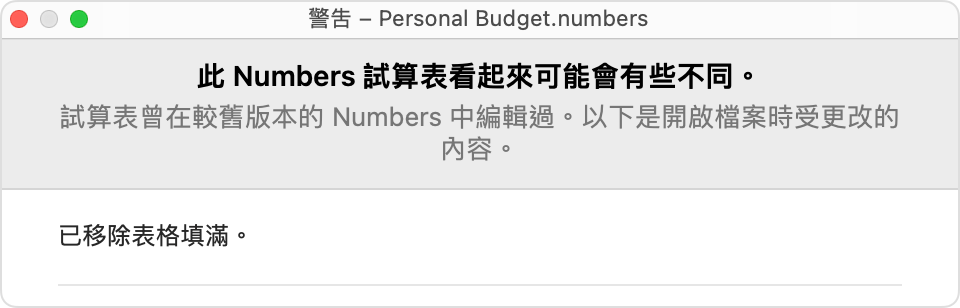 Numbers 警告:「這份 Numbers 試算表看起來可能會有點不同。」