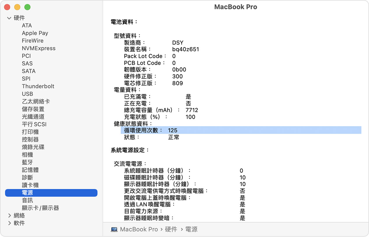 MacBook Pro 系統資料視窗，並反白顯示電池循環使用次數