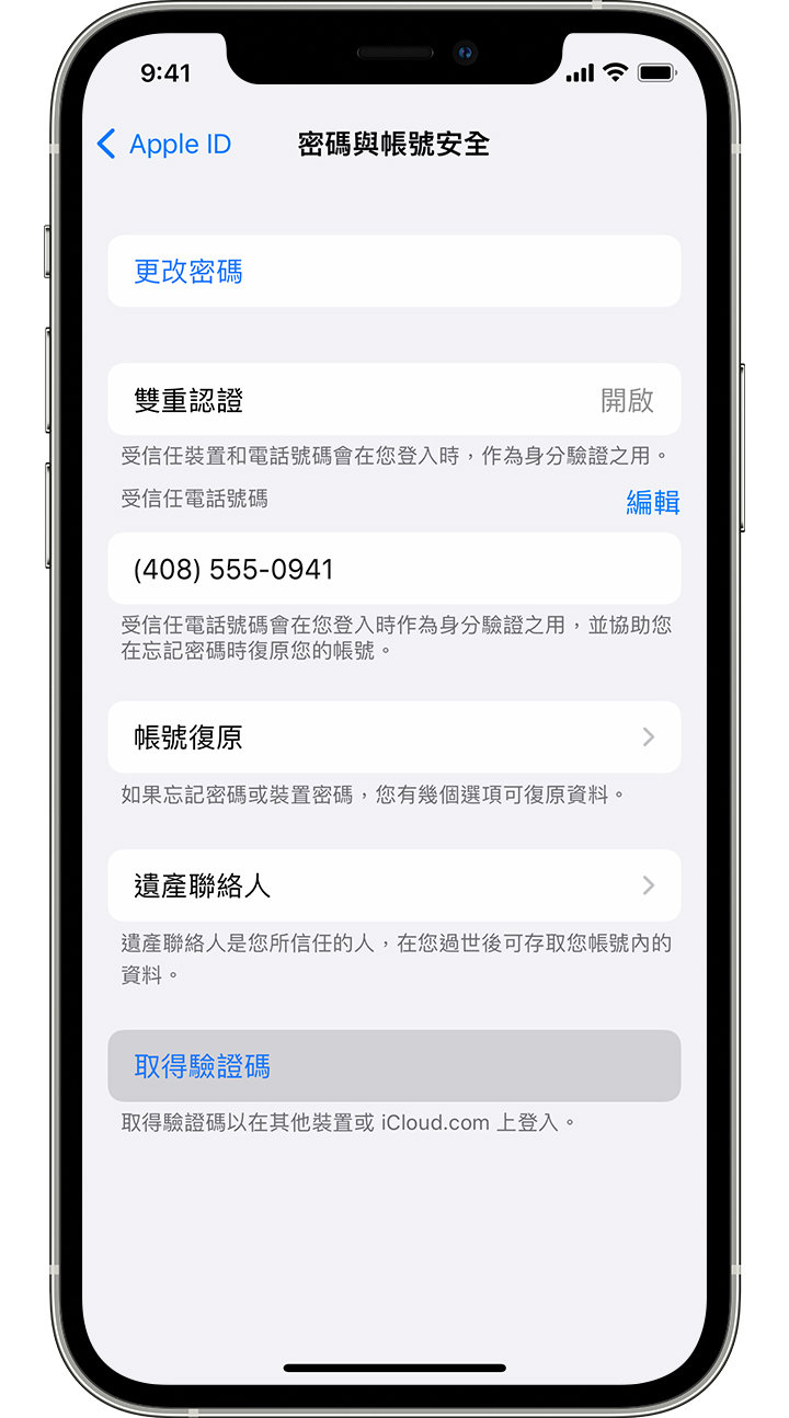 iPhone 畫面顯示如何從「設定」取得驗證碼。