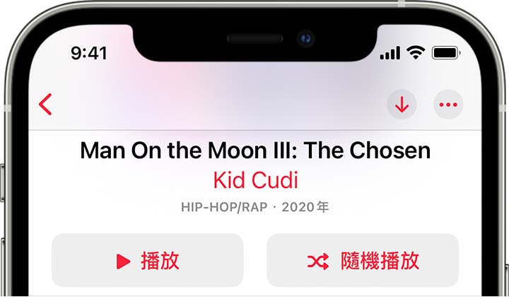 iPhone 顯示專輯頂端的「隨機播放」按鈕。