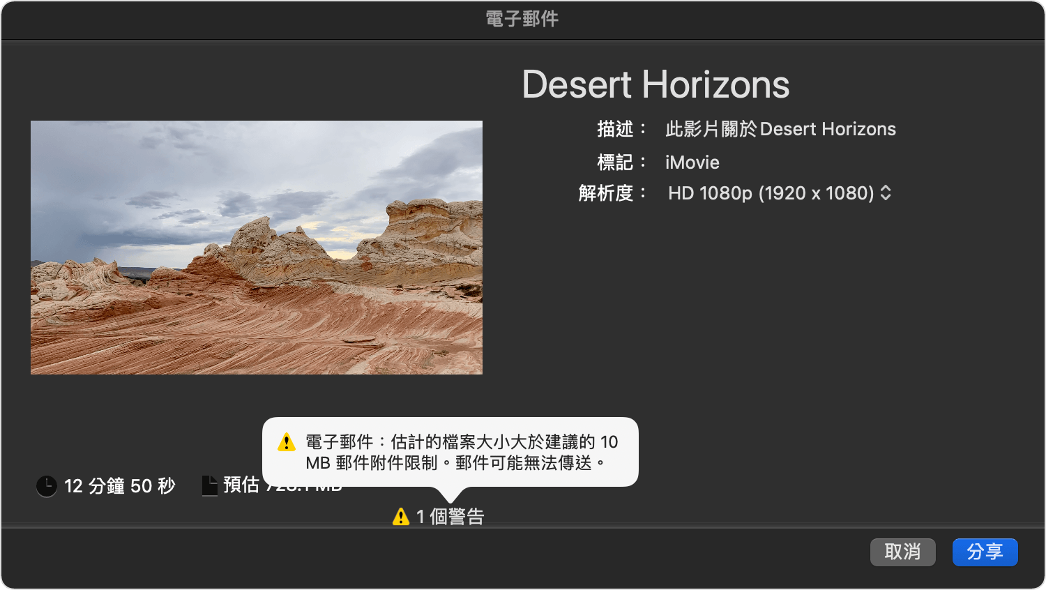 iMovie 電子郵件分享選項視窗
