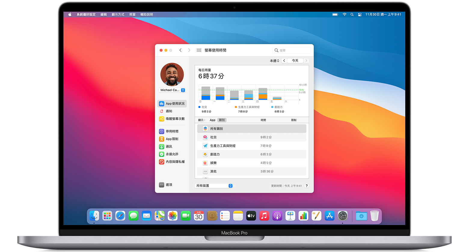 MacBook Pro 開啟「螢幕使用時間」的「系統偏好設定」視窗