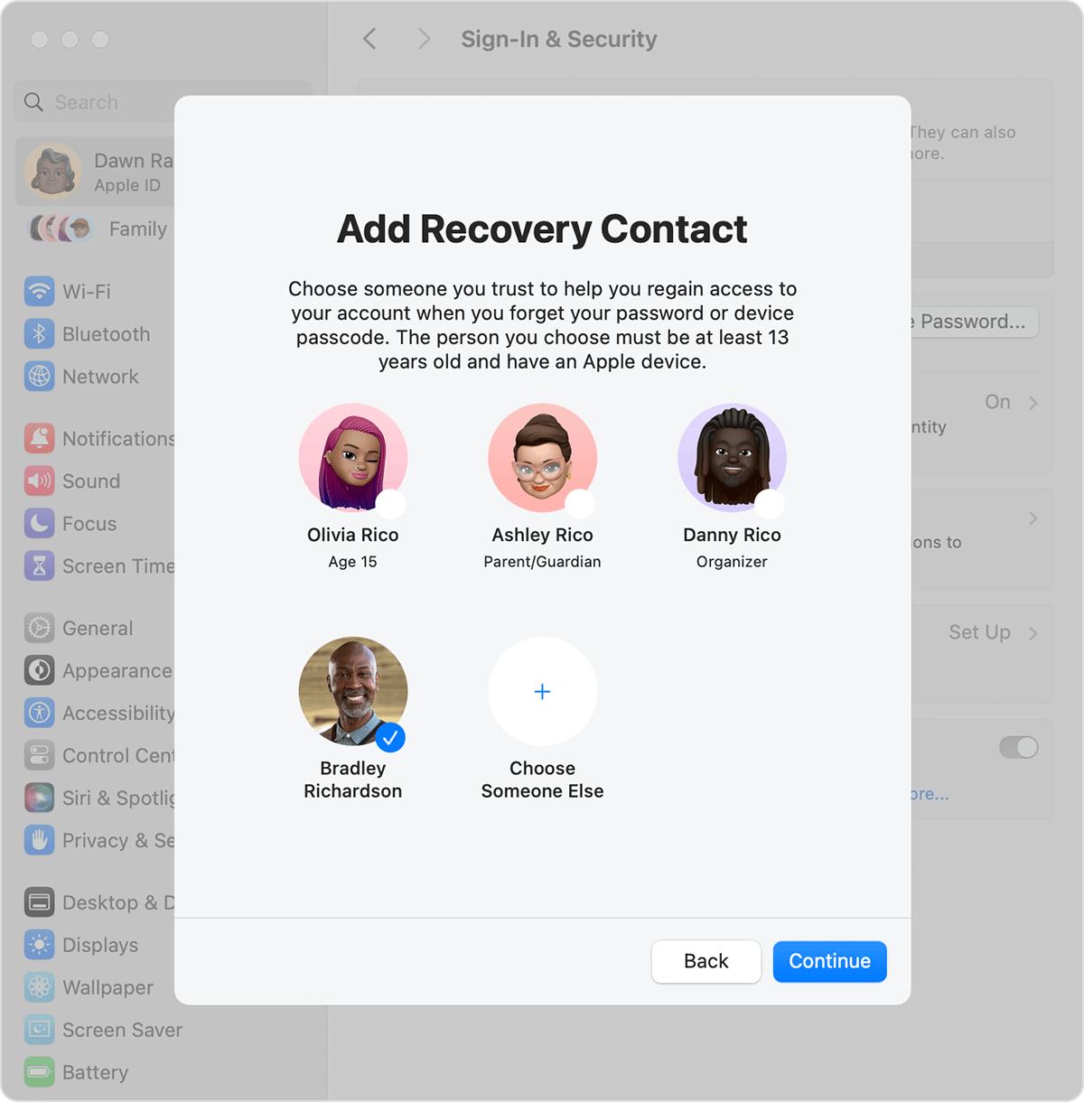 Mac screen showing contacts you can add as a Recovery Contact